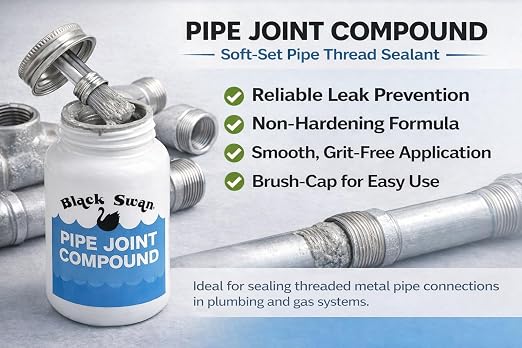 Black Swan Pipe Joint Compound -Soft-Set Pipe Thread Sealant – Non-Hardening - Reliable Leak Prevention - Drip-Resistant – 1 Quart with Brush Cap