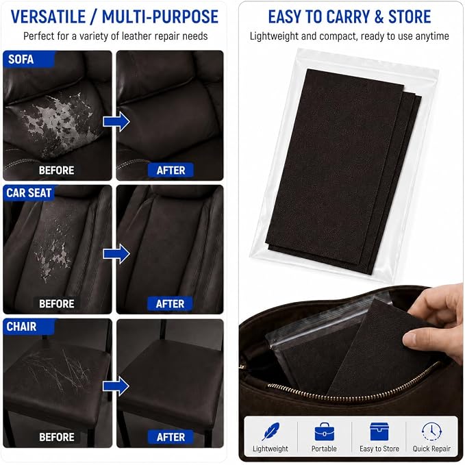 2PCS 8×4 Inch PU Leather Patch for Car Seat Repair, Self-Adhesive Leather Repair Patch Tape for Vinyl Leather Upholstery, Car Seat Furniture Repair Kit (Deep Coffee)