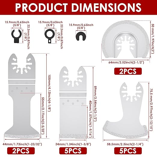 14PCS Diamond Oscillating Tool Blades Set, Grout Removal Blade Kit for Tile Mortar Concrete Masonry, Fits DeWalt Milwaukee Ryobi Rockwell Fein Ridgide Multi Tool Blade with 3 Adapters