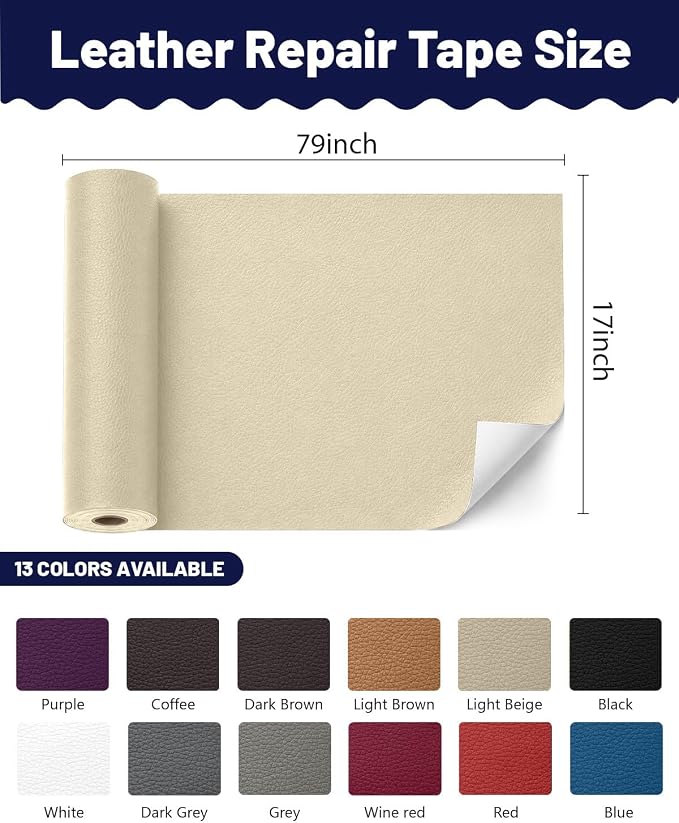 BOUYEER Leather Repair Patch Tape Kit,Self Adhesive Leather Repair for Sofa，Car Seat,Office Chair,Furniture,Jacket,Waterproof Strong Adhesive Vinyl Repair Kit. 17 in x 79 in,Beige