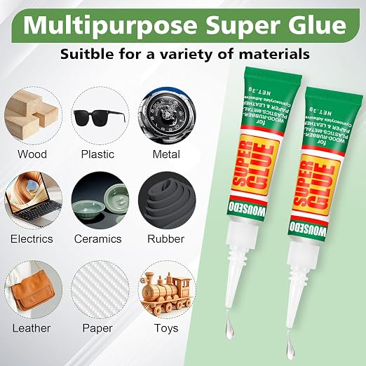 WOUSEDO 24 X 3g Super Glue Clear, Strong Adhesive,Super Glue Fast Drying Cyanoacrylate Glue for Wood,Rubber,Leather, Plastic, Metal, Rhinestone Jewelry, DIY Crafts and More