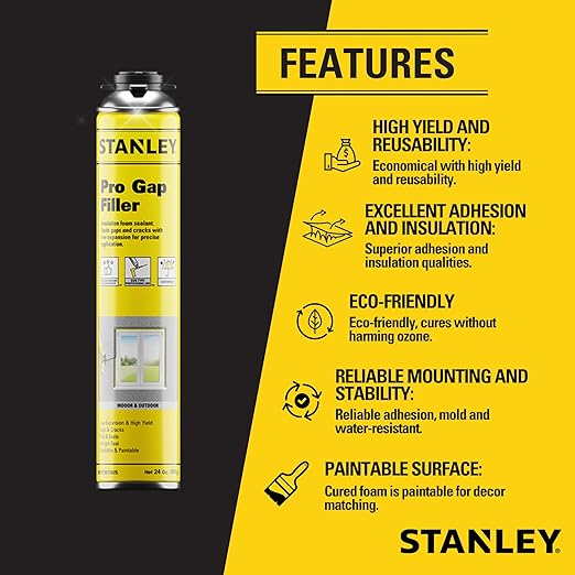 STANLEY F902P Pro Gap Filler - (1x24oz) Window & Door Filler, Gaps & Cracks, Expanding Spray Foam Sealant | Use Applicator, Gun Not Included | 24 Oz, 1 Pack