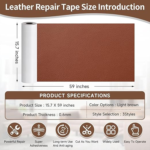 Leather Repair Tape, self-Adhesive Leather Repair Patch, for car seat Repair, Suitable for Sofas, Furniture, Seats, Strong Adhesive Leather Repair Tape (Brown, 15.7 x 59in)