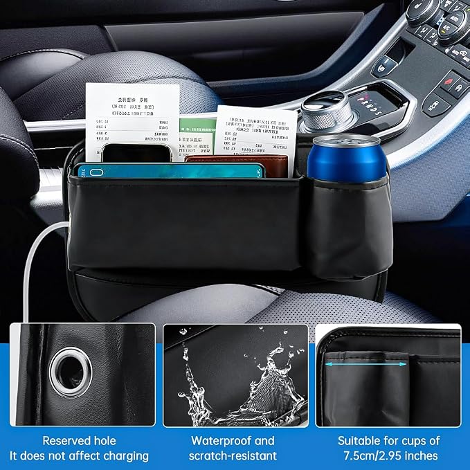 2 Pack Car Seat Gap Filler Organizer, Leather Seat Gap Bag with Cup Holder (3.14 inch) & 4 Hooks, Anti-Slip Flannel Lined Storage Box for Phone, Keys, Wallet, Fit Most Cars