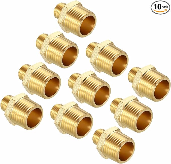Pack of 10, 1/2" MNPT To 1/4" MNPT Solid Brass Hex Nipple Hose Connectors W/Sealing Tapes, Male Pipe Adapter for Pipe Leak Repair, Bathroom Remodeling, Tool Extension, Compression