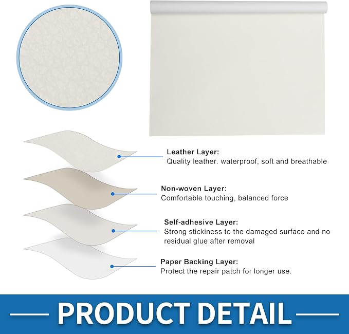Self Adhesive Leather Repair Patch Strong Stickiness 19.6"x39" Leather Repair Tape PVC Faux Leather White 1 Pcs