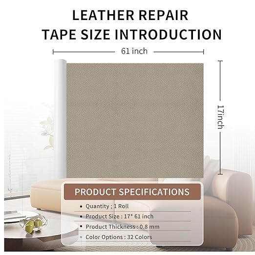 Leather Repair Patch Tape, Medium Grey Beige 17 x 61 Inches Self Adhesive Leather Repair Kit for Furniture, Car Seat, Vinyl Leather Repair Kit for Office Chairs, Bags,Luggage