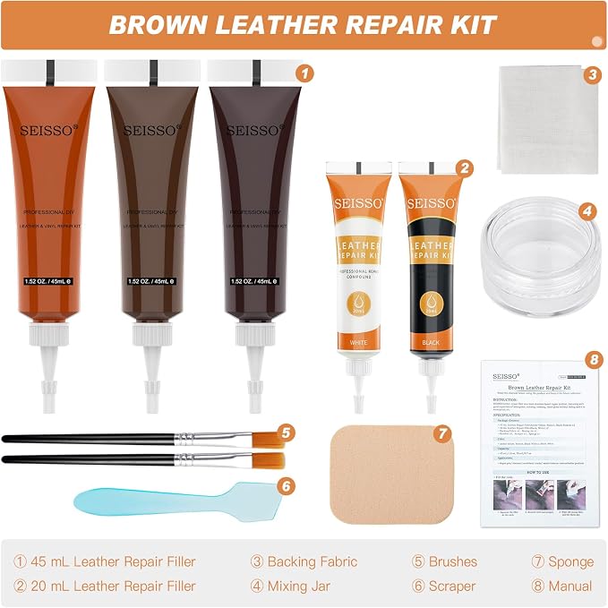 SEISSO Leather Repair Kit with Backing Fabric – 5 Color Leather & Vinyl Repair Kit for Couch, Sofa, Car Seats & Jackets, Fix Tears, Holes, Cracks, Scratches & Burn Holes, DIY Leather Repair (5 Colors)