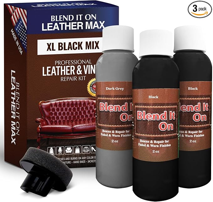 Blend It On Extra Large Black Mix Leather and Vinyl Repair Kit - Now with 6 Ounces for Furniture, Jacket, Sofa, Car Seat, Boots, Easy to Match Colors, Restore Any Material No Mixing Chart Needed