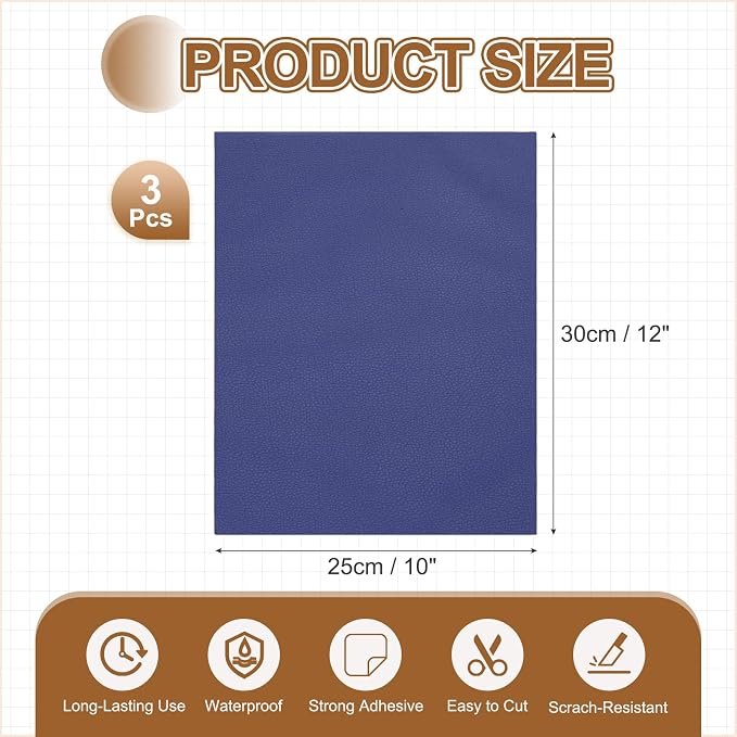 MECCANIXITY 3 Pcs Leather Repair Patch 10"x12" Self-Adhesive Leather Vinyl Repair Tape Kit for Furniture Couches Sofa Chair Car Boat Seats Jackets, Bright Blue