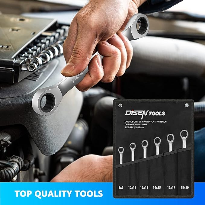 DISEN Double Box End Ratcheting Wrench Set Metric 6-Piece, 8mm-19mm, 72-Tooth Ratchet Wrench Box End with Rolling Pouch, Chrome Vanadium Steel