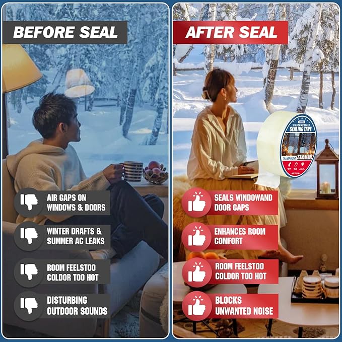 1Pack Window Weather Sealing Tape, 2in x 55y,Clear Window Insulation Tape for Doors Windows and Shower Glass Gaps,‎Waterproof,No Residue