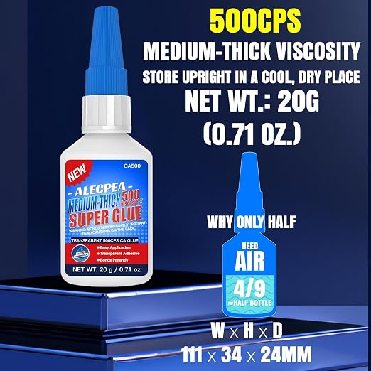 20g Medium-Thick CA Glue (500 CPS), Instant Clear Cyanoacrylate Glue for Wood, Glass, Metal, Paper, Leather, Plastic, Ceramic, Rubber, Jewelry, Woodworking, Hobby Models, and Craft Project