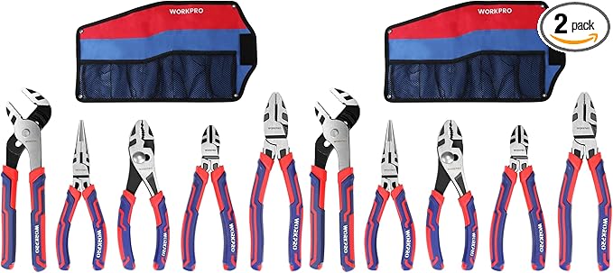 WORKPRO Pliers Set, Premium Cr-V Construction, Includes 6 Inch Slip Joint, Long Nose, Diagonal Cutting, 8 Inch Groove Joint, 7 Inch Linesman and Storage Pouch, for Basic Repair (Pack of 2)