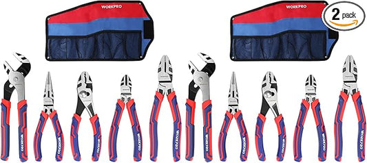 WORKPRO Pliers Set, Premium Cr-V Construction, Includes 6 Inch Slip Joint, Long Nose, Diagonal Cutting, 8 Inch Groove Joint, 7 Inch Linesman and Storage Pouch, for Basic Repair (Pack of 2)