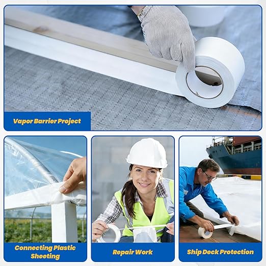 12 Rolls Vapor Barrier Tape, White Moisture Barrier Tape for Crawl Spaces, Polyethylene Tape for Underlayment, Waterproof Seam Tape for Insulation, Plastic Liners (4" x 180 ft Each Roll)