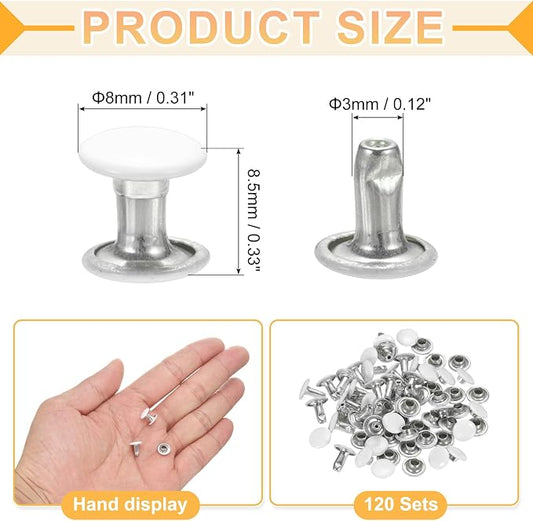 uxcell 120Set Leather Rivets, 8mm Double Cap Rivet Tubular Metal Studs Repairs Decoration Craft Accessories for Repair Decorate Leather Craft Belt Bag Shoes Purse Belts, White
