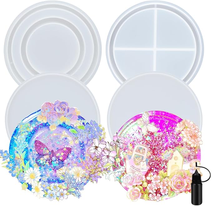 Resin Shaker Molds Set Large Round and Ring Coaster Pack of 3 Epoxy Silicone Trays Precision Tip Applicator Bottle Kit Bundle