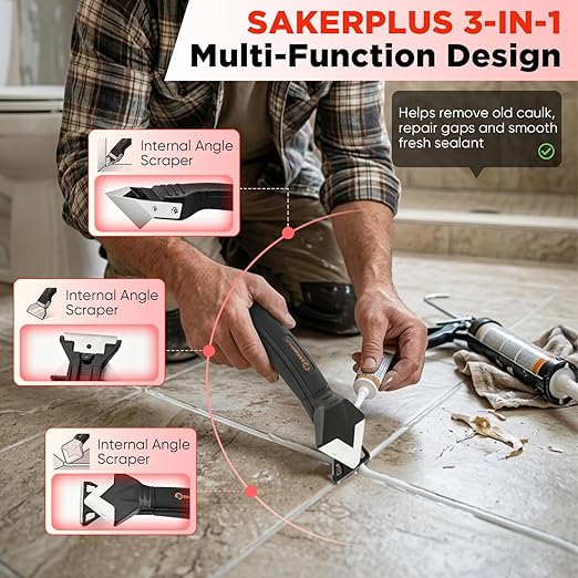 Sakerplus 3-in-1 Silicone Caulking Tools,Caulk Remover Tool and Caulk Finishing Tool Kit with Silicone Smoother,Nozzle Needle for Kitchen Bathroom Window Sink (Classic Black)