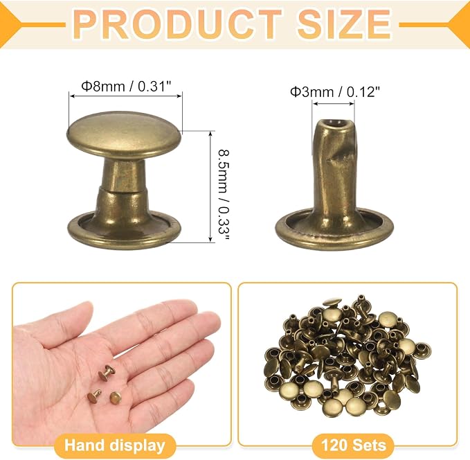 uxcell 120Set Leather Rivets, 8mm Double Cap Rivet Tubular Metal Studs Repairs Decoration Craft Accessories for Repair Decorate Leather Craft Belt Bag Shoes Purse Belts, Bronze
