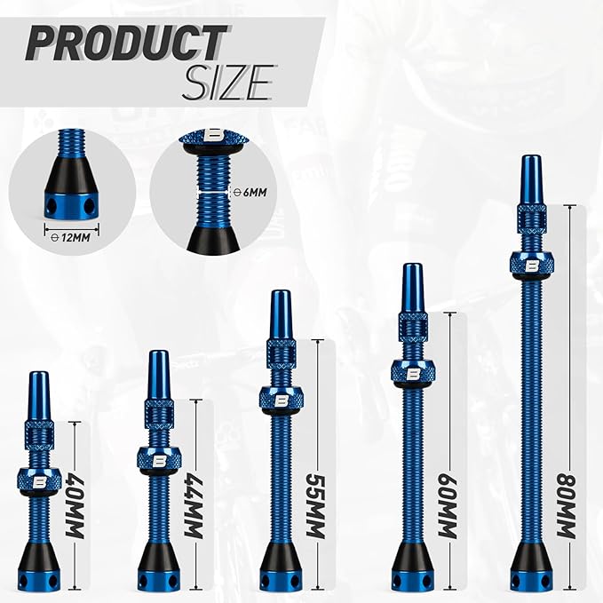 BWSHLF Tubeless Presta Valve Stem 40/44/55/60/65/80/100 mm, Super Light Alloy Presta Valve Stem Kit with Valve Core Remover Tool and Valve Stem Caps - Multiple Color and Size Options(Pair)