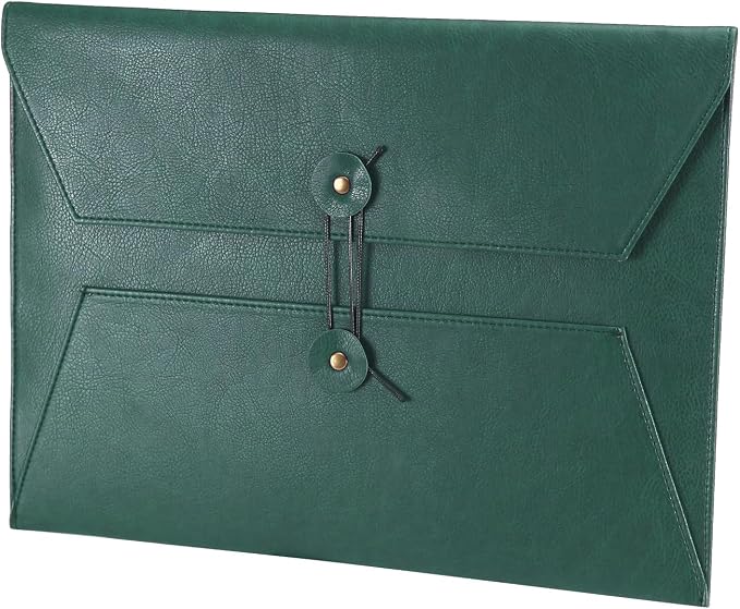 Leather File Folder for Documents,Important Document Folder with String Tie,Laptop Sleeve Notebook Case,Leather File Organizer,A4 Envelopes Filing Folder (Horizontal, Green)