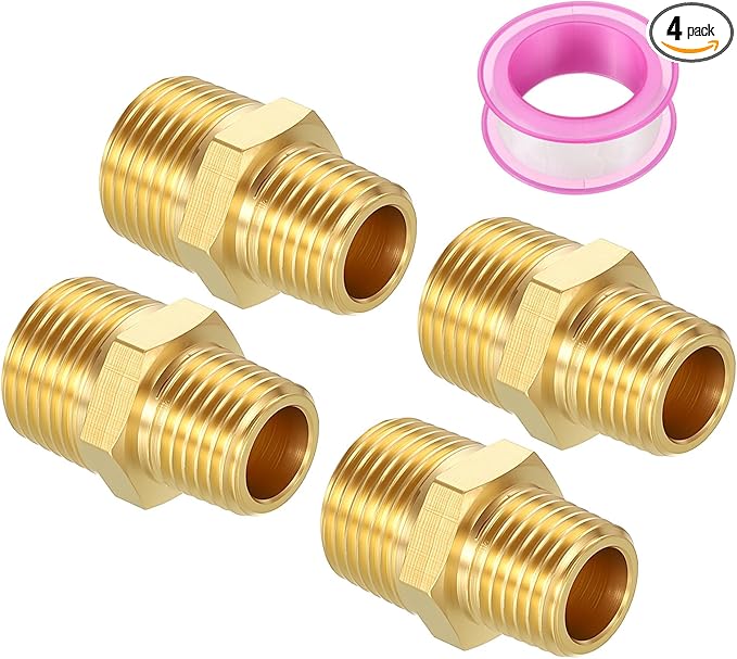 Pack of 4, 3/8" MNPT to 1/4" MNPT Solid Brass Hex Nipple Hose Connectors W/Sealing Tape, Male Pipe Adapter for Pipe Leak Repair, Bathroom Remodeling, Tool Extensions, Compression