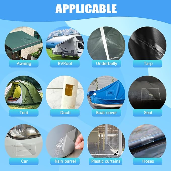 GAQWOK Waterproof Repair Tape for Fabric, Vinyl Siding Repair Kit, Screen Repair Tape, Air Mattress Patch Kit, Heavy Duty Clear Multipurpose Outdoor Patch, Tent and Boat Cover（4 inches x 10 feet）