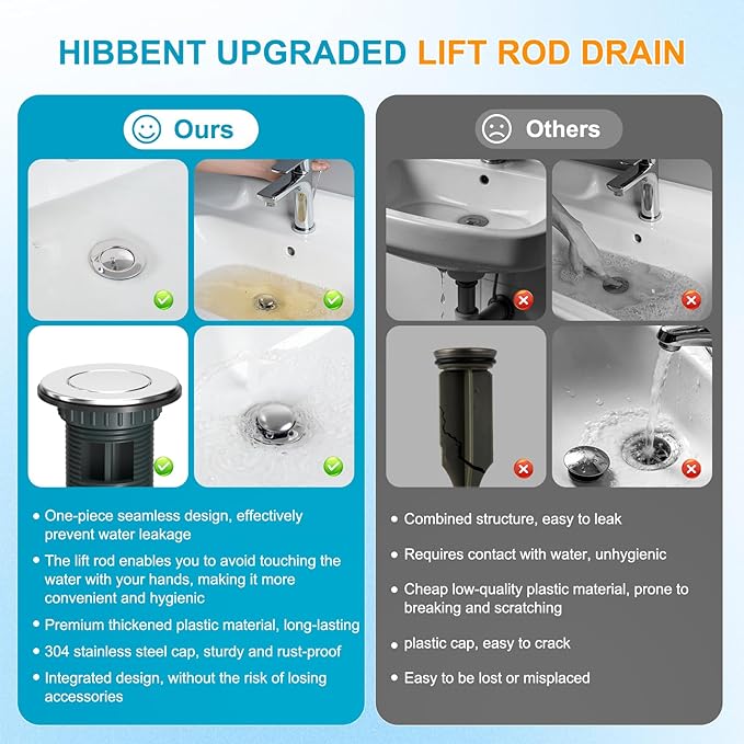 Hibbent 2 Pack Bathroom Sink Drain Assembly with Lift Rod, Lavatory Universal Pop Up Drain Stopper with Overflow for Bathroom Vanity Vessel Sink, Compatible with Moen, American Standard Hole, Chrome