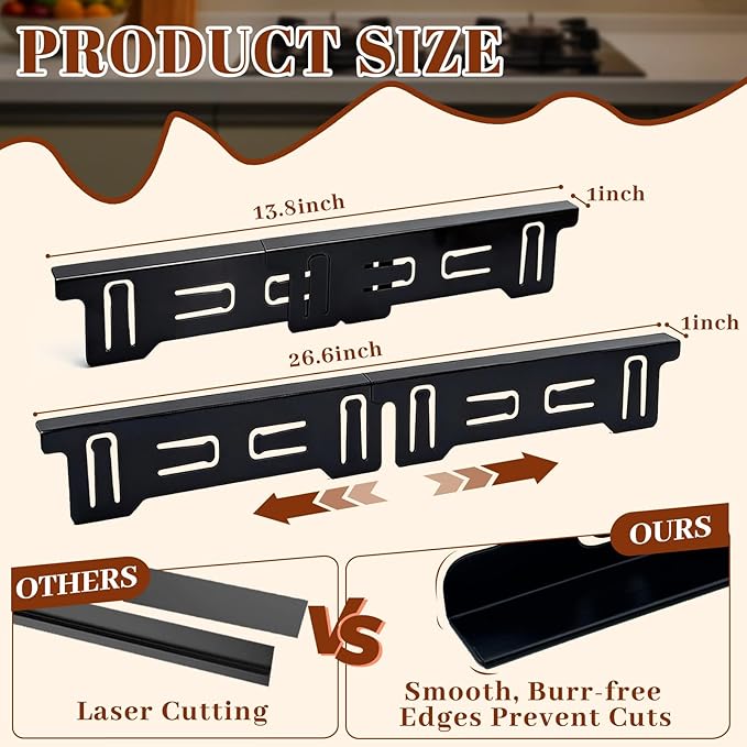 Stove Gap Covers Stainless Steel 2 Pcs, Adjustable Retractable Length 13.8" to 27.6", 1" Wide, Heat and Water Resistant, Easy Clean Range Gap Filler for Stove and Countertop (Black)