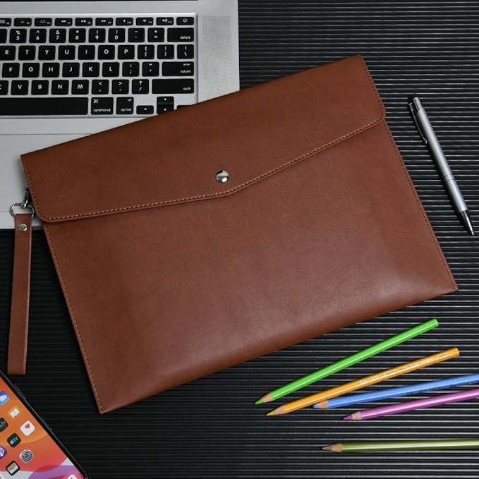 Wonderpool A4 PU Leather Envelope Documents File Portfolio Large Capacity Folders Travel Bag for Paper Letter Stationery Organizer and Tablet Case PC Sleeve (Coffee)