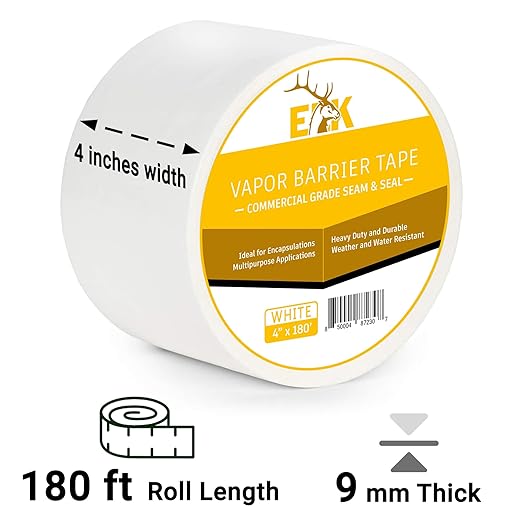 ELK Vapor Barrier Tape - 4” x 180ft - PE 7mm Polyethylene Seam Tape - Moisture Barrier Seam & Seal for Crawlspace Encapsulations or Waterproof Marine Tape - White