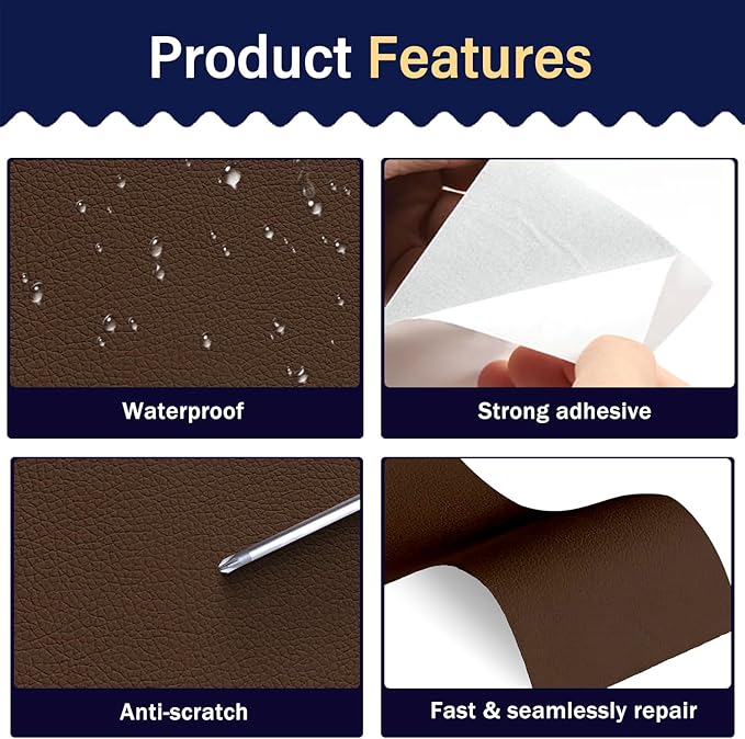 Zenyao Leather Repair Patch Tape - Self Adhesive Leather Repair Kit for Car Seat Furniture, Heavy Duty Vinyl Repair Patch for Couch Sofa, Waterproof for Rips Scratches Tears, 12x30 Inch Roll, Brown