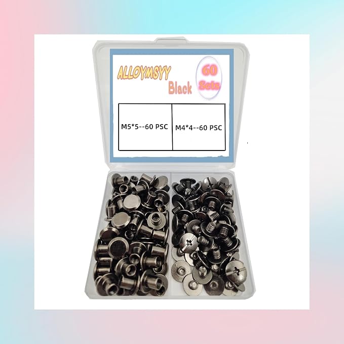 60 Sets M5*5mm Gun Black Leather Rivets Screws Rivets Chicago Binding Screws Adjust and Repair Leather Craft Belts, Bags, Shoes, Purse Bindings