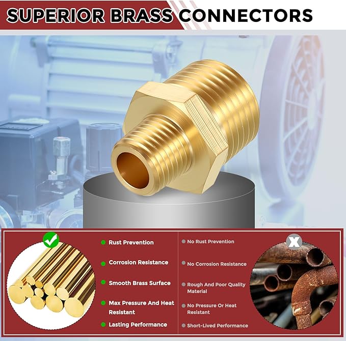 Pack of 1, 1/2" NPT Male to 1/4" NPT Male Solid Brass Hex Nipple Hose Connectors, Male Pipe Adapter for Pipe Leak Repair, Bathroom Remodeling, Tool Extensions, Compression