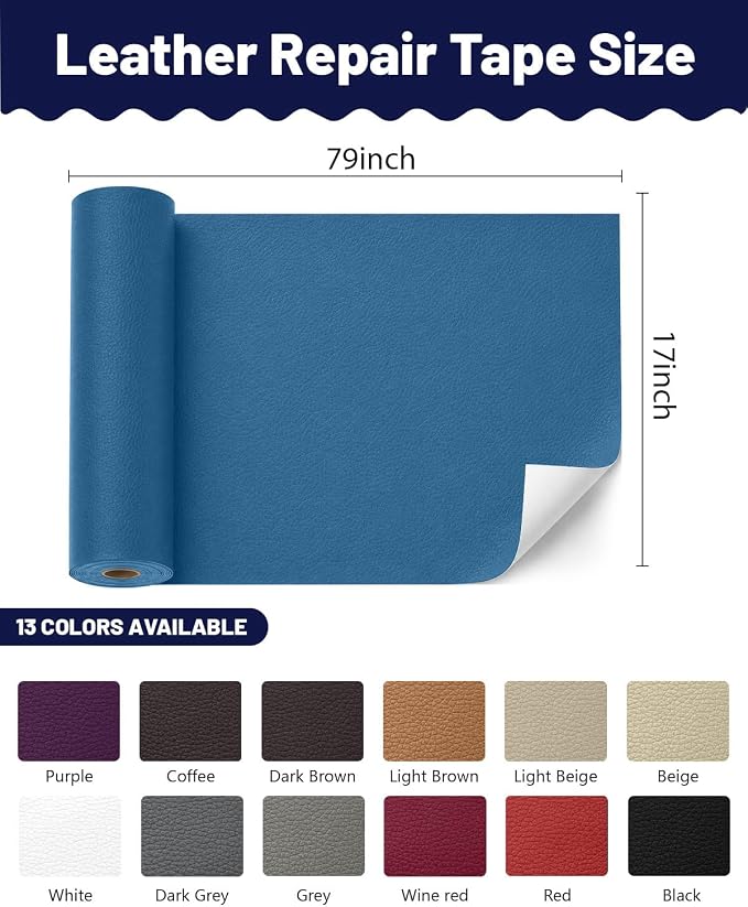BOUYEER Leather Repair Patch Tape Kit,Self Adhesive Leather Repair for Sofa，Car Seat,Office Chair,Furniture,Jacket,Waterproof Strong Adhesive Vinyl Repair Kit. 17 in x 79 in,Blue