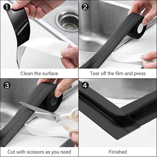 3 Rolls 1.5 Inch Caulk Tape Self Adhesive Toilet Caulking Strip Bathroom Sealing Caulk Strip Peel and Stick Bathtub Caulking Tape, 10.5 Feet Each Roll (Black)