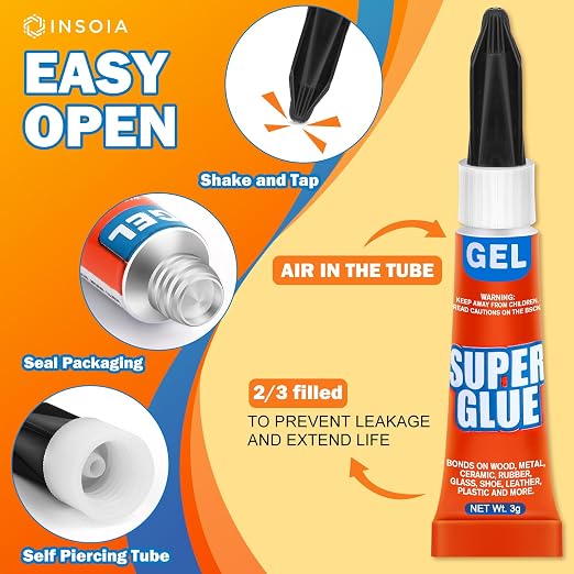 Super Glue Gel Clear Non-Drip, 6 X 3g All Purpose Strong Adhesive Ca Glue Quick Dry Instant Glue for Plastic, Metal, Ceramic, Shoe, Wood, Leather, Model, Aquarium, Rhinestone, Jewelry and DIY Crafts