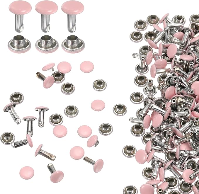 HARFINGTON 100 Sets Double Cap Leather Rivets, 6x8mm Round Cap Tubular Metal Studs Leather Crafting Rivets for Fabric Belt Pet Collar Boot Bag Repair and Decoration, Pink