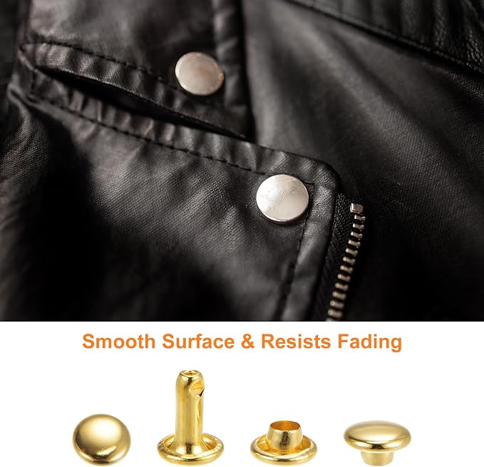 HARFINGTON 100 Sets Leather Rivets 10 x 12mm Metal Double Cap Rivet Snaps Studs Fasteners with 3pcs Setting Tools Rivets for Leather Craft DIY Repair Decoration, Gold Tone