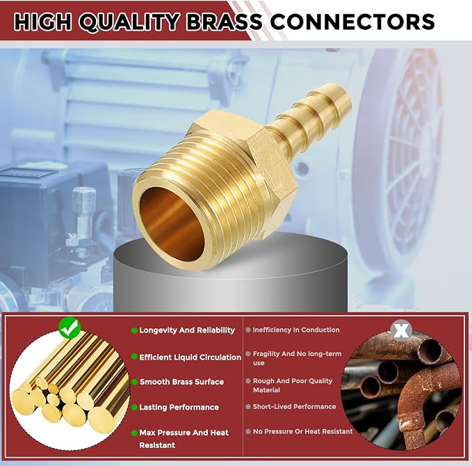 Pack of 4 Brass Hose Barb Fittings Adapter Connector 1/4" Hose Barb to 3/8" NPT Male Fittings for Home Machines, Massage Bathtubs, and Irrigation Systems