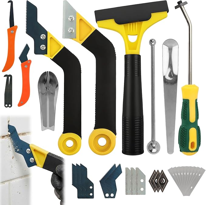 37-Piece Grout Removal Tool Kit, Tungsten Carbide Blades & Ergonomic Handle, 9-in-1 Grout Saw and Caulk Remover for Bathroom, Shower, Floor Tile Cleaning and Repair