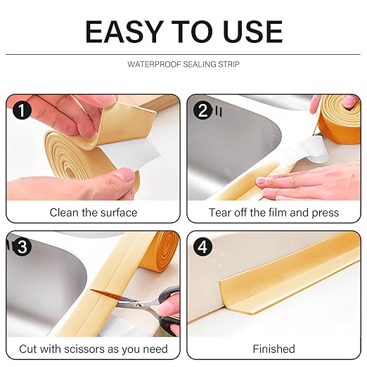 3 Rolls 10.5 Feet Caulk Tape Toilet Caulking Strip Self Adhesive Bathroom Sealing Peel and Stick Caulk Strip for Bathtub, 1.5 Inches (Almond)
