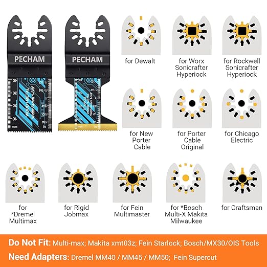 Oscillating Saw Blades, PECHAM 45PCS Professional Universal Titanium Multitool Blades for Wood Plastics Metal Quick Release Multi Tool Kits Fit Rockwell Ridgid Ryobi Milwaukee Chicago Craftsman