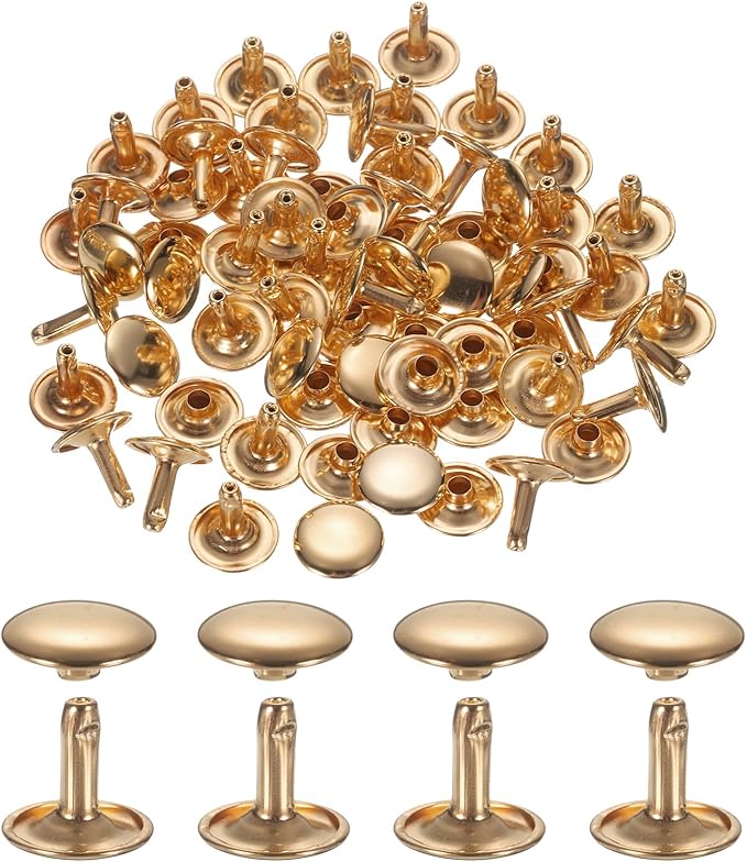 uxcell 120Set Leather Rivets, 10mm Double Cap Rivet Tubular Metal Studs Repairs Decoration Craft Accessories for Repair Decorate Leather Craft Belt Bag Shoes Purse Belts, Light Gold