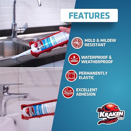 Kraken Bond Brown Silicone Sealant Waterproof% 100-10 fl oz Cartridge - RTV Silicone Caulk Kitchen and Bathroom, All Purpose, Window Caulking Sealant Outdoor, RV, Exterior Use Silicon - 12 Pack