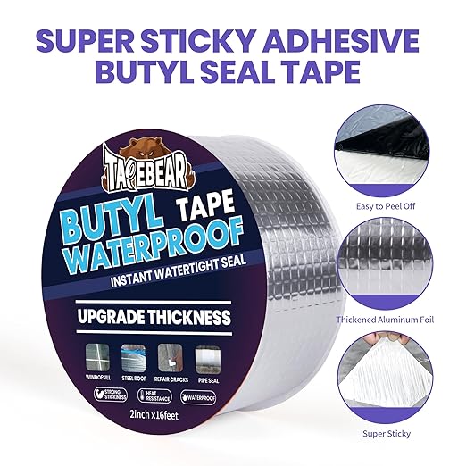 TAPEBEAR Extra Thicker Butyl Tape Waterproof 8inch x16feet, 51mil Aluminum Butyl Sealant Tape, Duct Sealing Adhesive for RV Roof Repair, Boat and Pipe Sealing, Metal, Glass & EDPM Roof Leak Patching