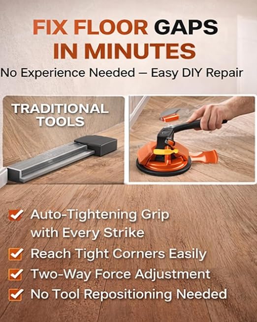 Floor Gap Fixer Tool 45° Striking Surface Pro, Laminate Flooring Repair Suction Cup Vinyl Plank Heavy Duty Iron Grabber Reusable Kit with Sticky Pads Cutter for Wood Tile Lvp Floating(#A-1pc)