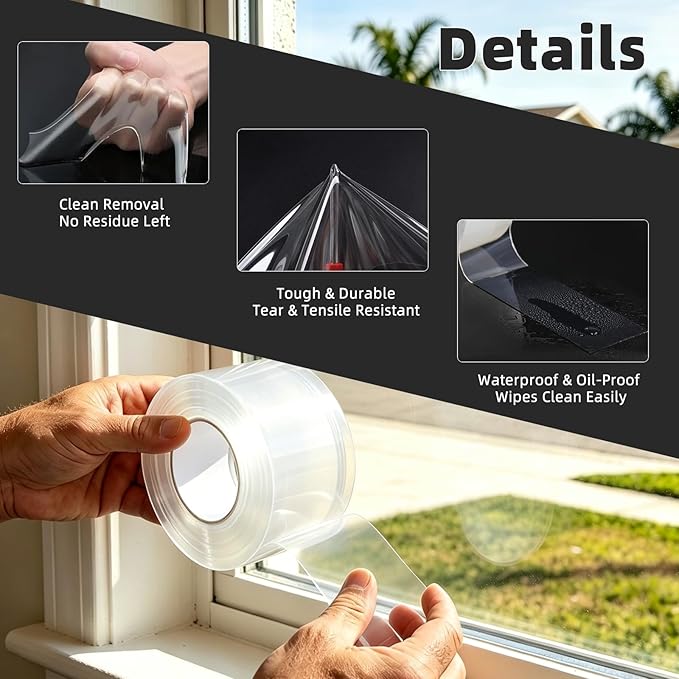 ESUFEIR Window Sealing Tape,20 Mil Thick Transparent Weather Seal Tape for Blocking Winter Drafts & Preventing Cool Air Loss in Summer,Waterproof & Oil-Resistant for Bathroom Kitchen (2" W x 33' L)
