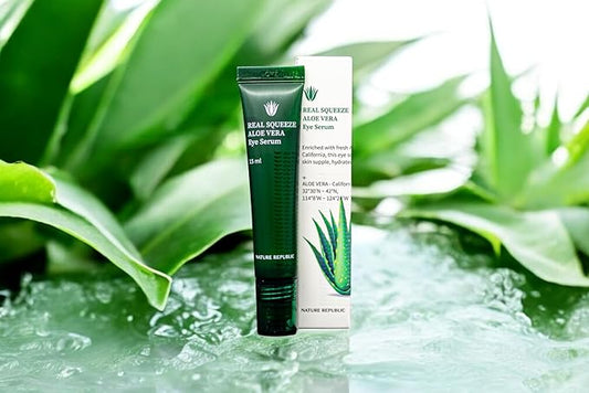 Nature Republic Real squeeze aloe vera Eye Serum-Under eye dark circles roller for puffy eyes aftersun cooling Moisturizing & Hydrating Glow, korean beauty skin care for all skin types 15ml